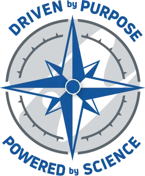 A compass rose logo in blue and gray with the text "Driven by Purpose" at top and "Powered by Science" at bottom encircling the design.