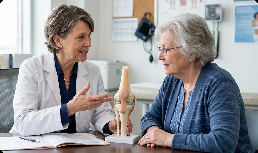 Clinician holding a knee joint model while explaining treatment options to an older woman across a desk