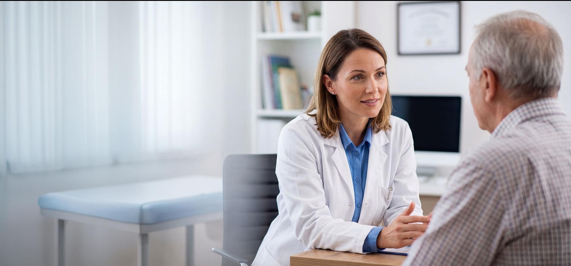 Healthcare provider in white coat consulting with elderly male patient in modern medical office