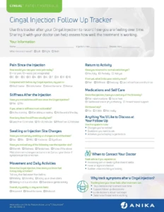 Cover of the Cingal Injection Follow Up Tracker patient worksheet