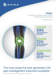 Cover of the Cingal product brochure highlighting 59% pain reduction at week 1, 72% at week 26 and a 92% responder rate