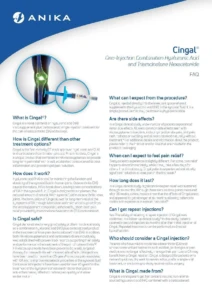 First page of the Cingal frequently asked questions document for healthcare professionals